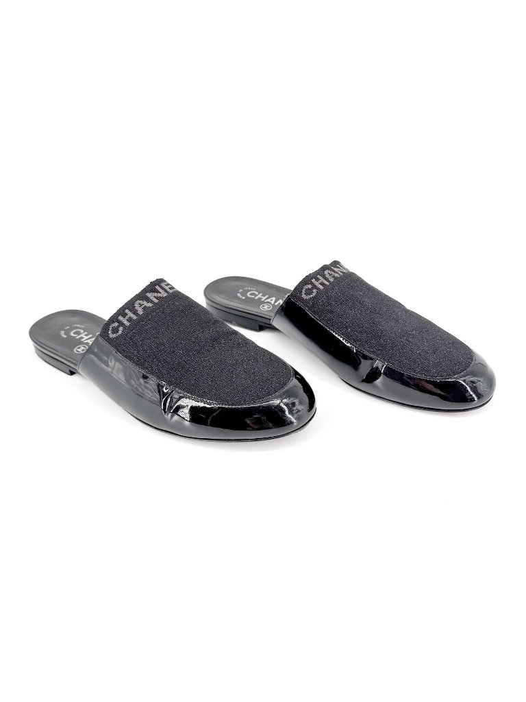 Chanel Logo Glitter Lurex Black Patent Leather Mule Flats Size 39 C Us 8-8.5